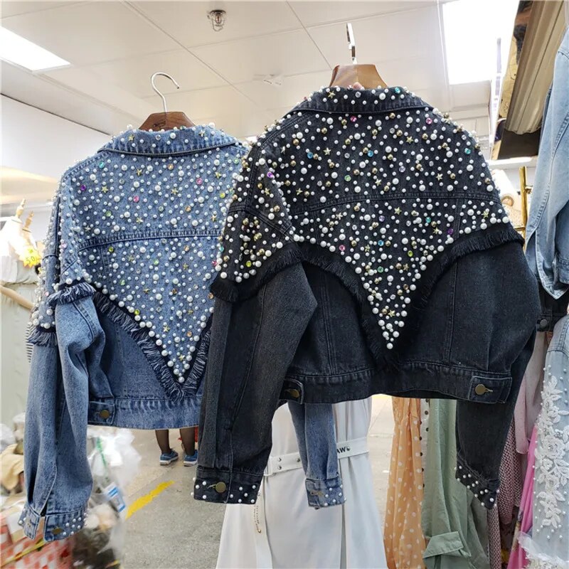 Chaquetas de Mujer, ropa de calle de otoño 2023, chaqueta vaquera para Mujer, chaqueta vaquera con perlas tachonadas a mano, chaqueta con borlas Punk para Mujer, abrigos vaqueros cortos sueltos