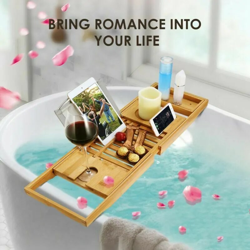 Bathtub Caddy Bamboo Bath Tub Rack Tray Bathroom Cloth Book/Pad/Tablet Holder