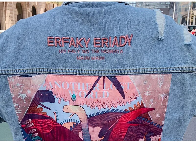 2023 nouvelle mode dinosaures dessin animé imprimé longue veste en Jean Femme manteau femmes Vintage Style Streetwear veste en Jean ample