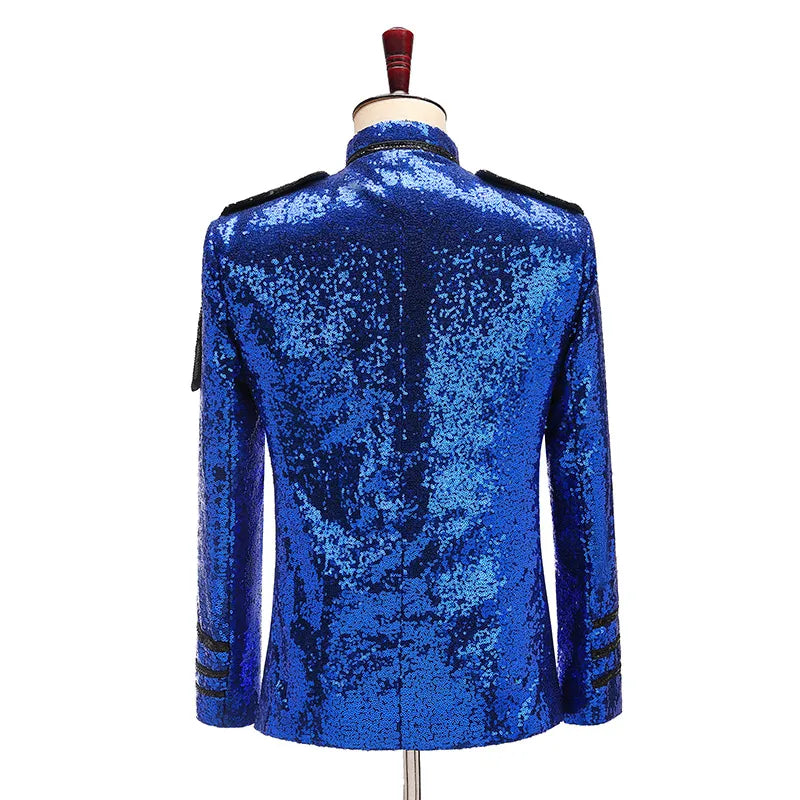 Chaqueta militar con adornos de lentejuelas de color azul real para hombre, traje de esmoquin para fiesta de graduación y escenario para hombre, traje de cantante para espectáculo, traje de DJ para hombre