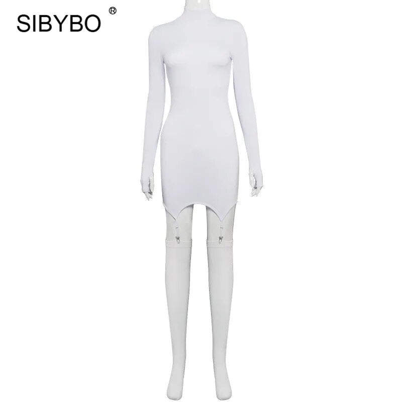 SIBYBO Black Hook Socks Bodycon Dress Women Autumn Long Sleeve Turtleneck Mini Dresses With Gloves Women Sexy Party Vestidos