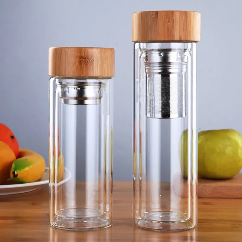 350/450Ml Double Wall Glass Water Bottle Tea Infuser Office Tea Cup Stainless Steel Filters Bamboo Lid Travel Drinkware