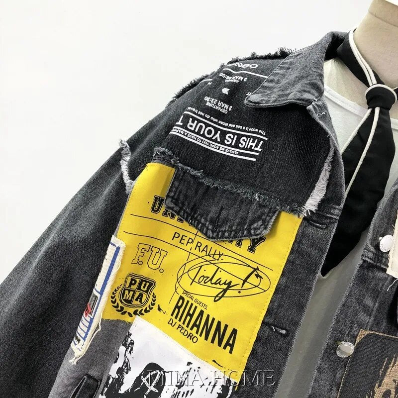 Denim Jacket Oversize Ladies Spring And Autumn Personality Patch Stitching Jacket Bf Punk Jacket Jean Jacket Ropa De Mujer