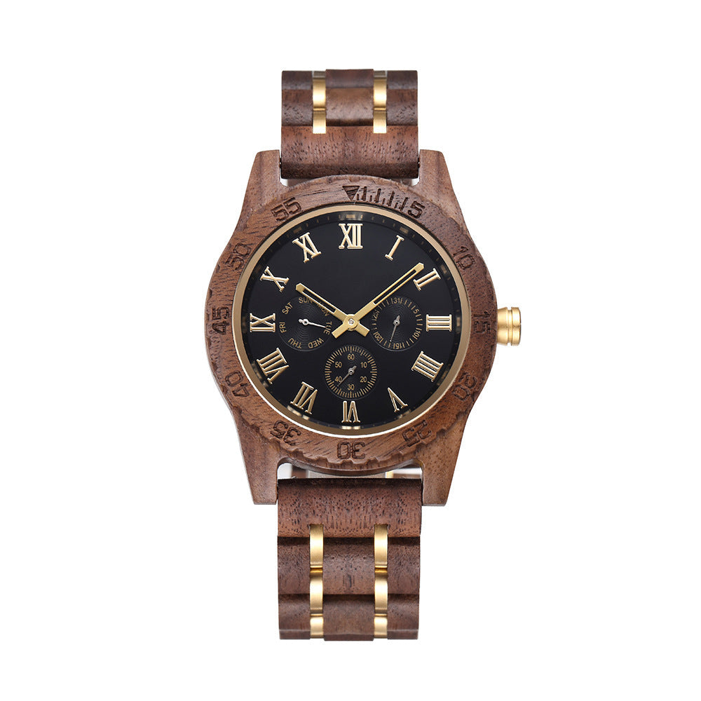 Reloj de cuarzo multifuncional retro de nogal dorado para hombre