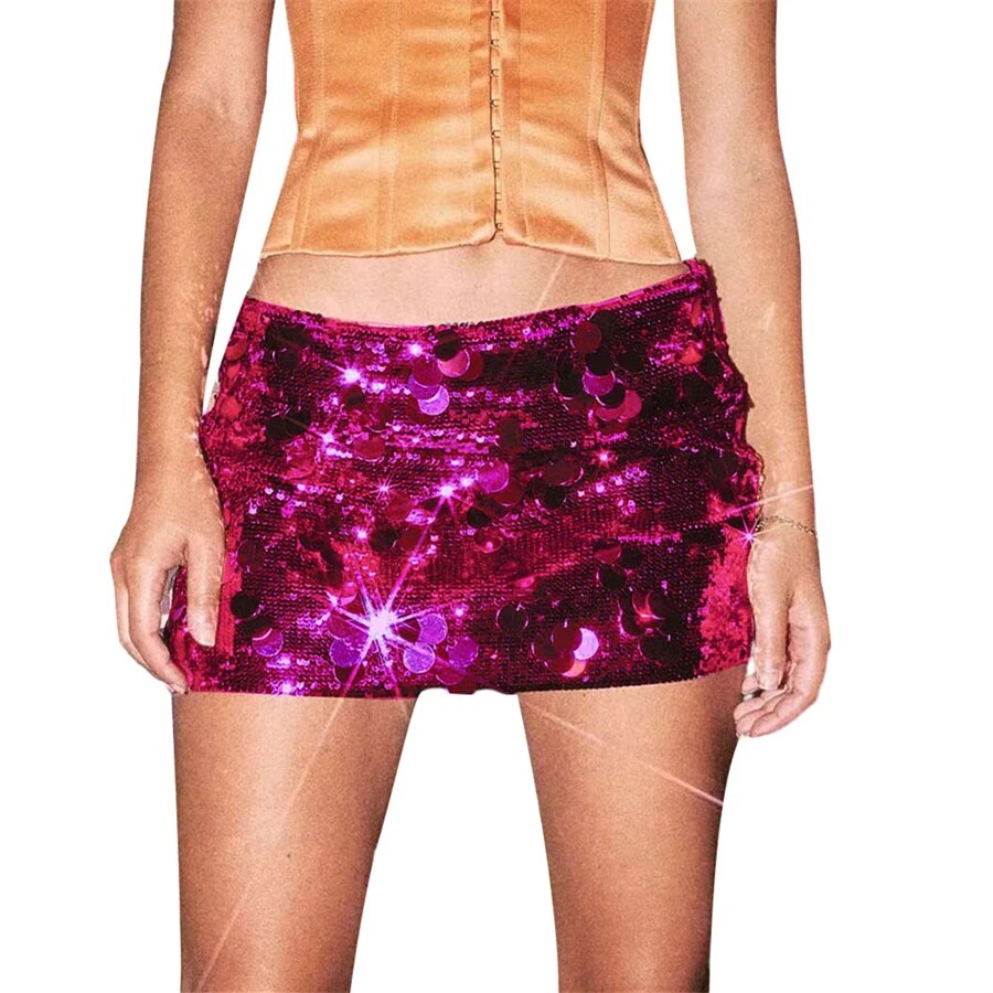 Women Shiny Sequins Mini Skirt Summer Sexy Low Waist Elastic Bodycon Skirt for Beaches Club Streetwear Glitters Short Skirt