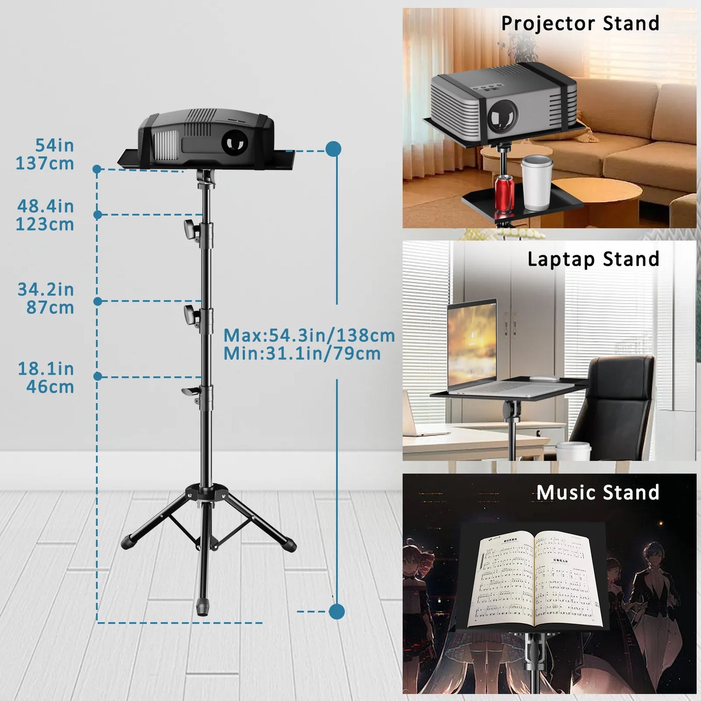 Trépied de projecteur pour ordinateur portable, 125cm, hauteur réglable de 23 à 63 pouces, pour bureau debout, pour ordinateur d'extérieur, studio