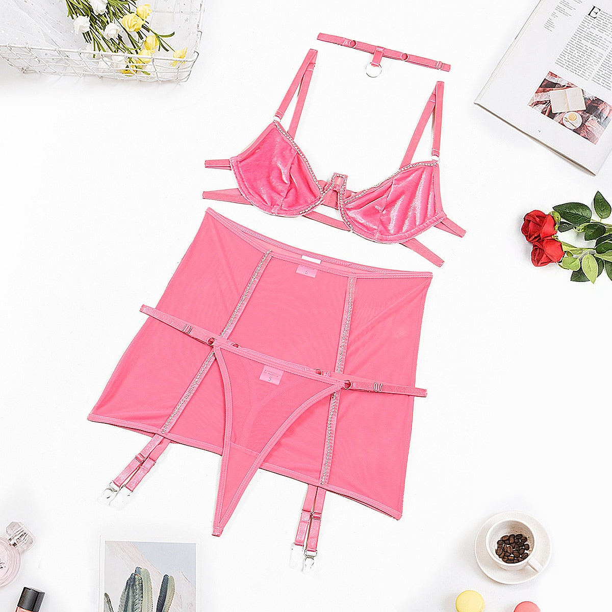 Kit de soutien-gorge en velours strass, sous-vêtements Push Up, ensembles fantaisie délicats, rose féerique, belle tenue intime