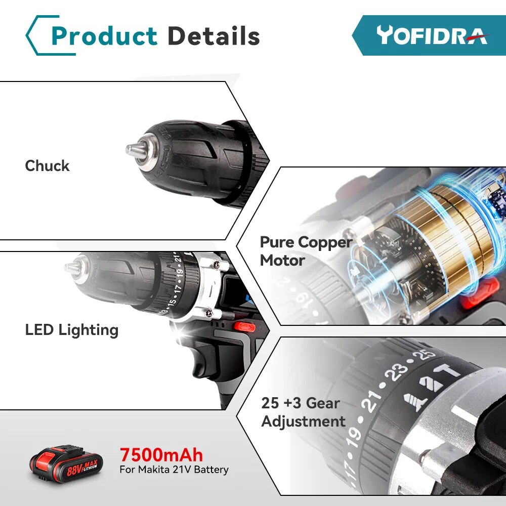 Taladro manual inalámbrico de 25 + 3 Torques, destornillador eléctrico, taladro de impacto, herramienta eléctrica con batería de iones de litio 48VF ​​88VF