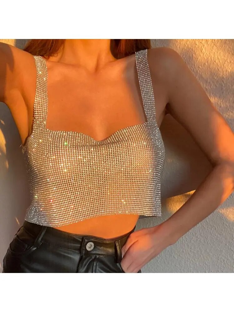 Top corto Sexy para fiesta con diamantes de imitación ostentosos, Top liso con tirantes y espalda descubierta, Top corto con lentejuelas y diamantes para mujer 2022