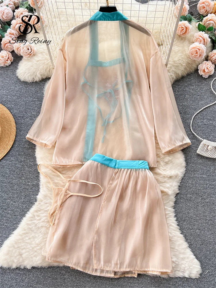 Vintage Embroidery Sexy Night Suits Female Loose Floral Camis+Mini Skirt+Thongs Chinese Style Cosplay Sheer Nightwear Wanita