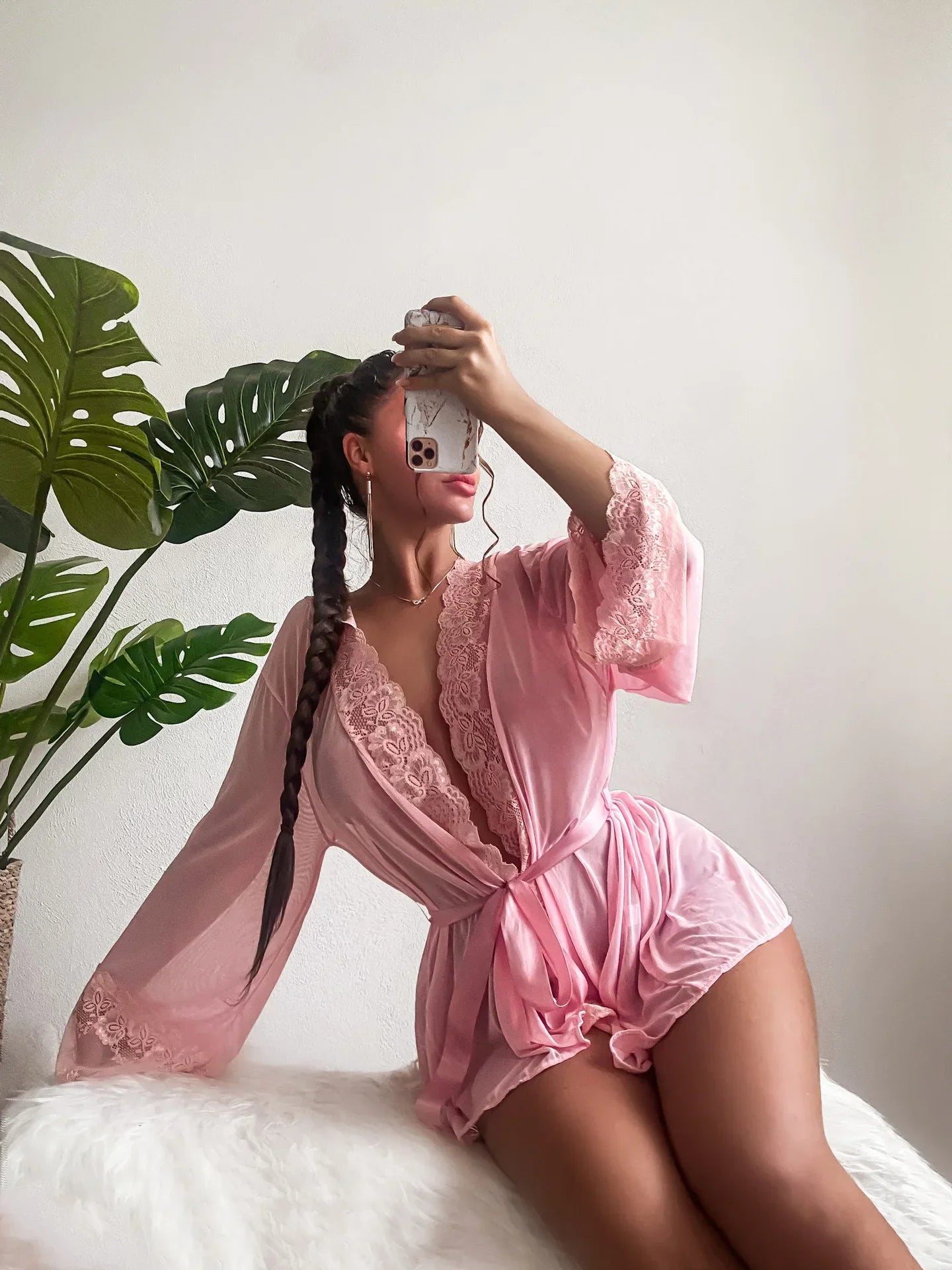 Wanita Sexy Robe en dentelle à manches longues vêtements de nuit rose clair vêtements de nuit demoiselles d'honneur cadeaux à lacets pyjama de nuit