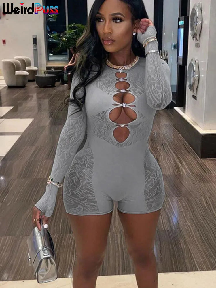 Weird Puss Sexy Playsuit Women See Through Hollow Diamond Summer Thin Long Sleeve Romper Stretch Midnight Party Clubwear Workout