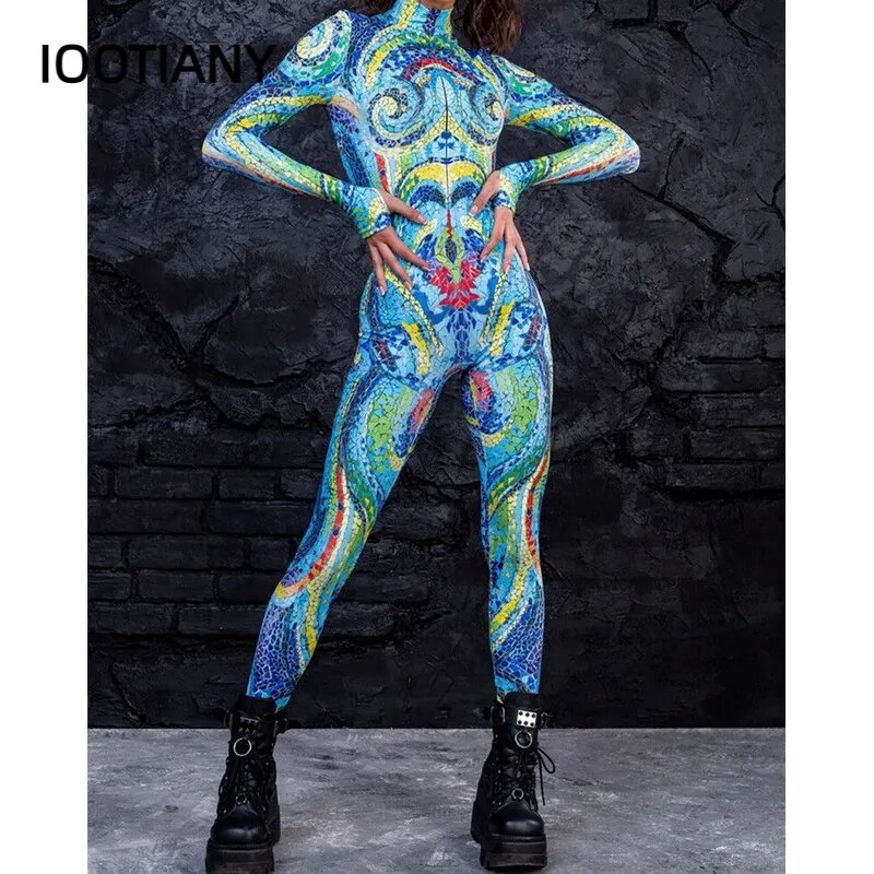 Costume de Cosplay pour adultes, lignes musculaires, motif de couleur, Costume Zentai en Spandex, body de fête d'halloween, combinaison de sport taille haute