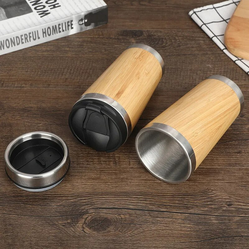 Eco-friendly Thermos Water Bottles, Stainless Steel Coffee Thermal Mugs, Creative Natural Bamboo