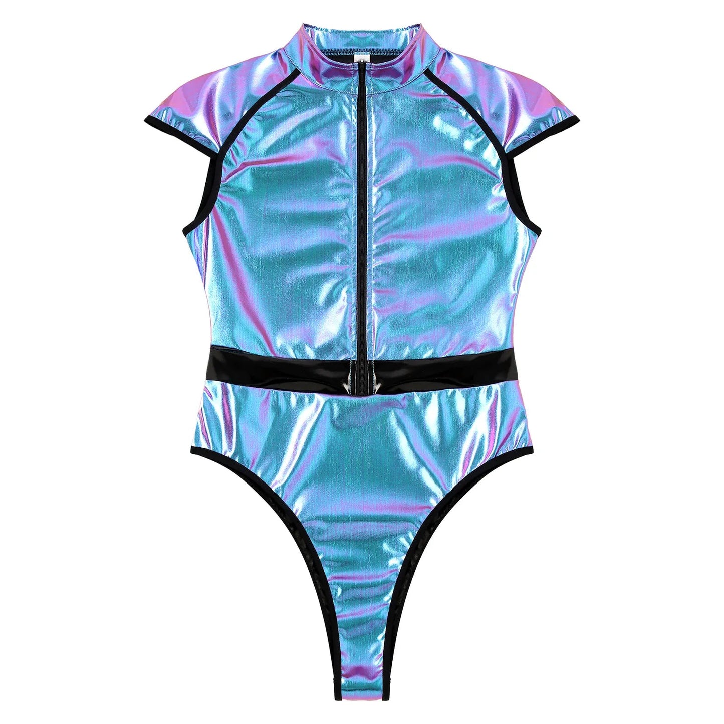 Women Zipper Front Bodysuit Jumpsuit Cap Sleeve High Cut Patent Leather Catsuit Clubwear Halloween Saucer Cosplay Costumes