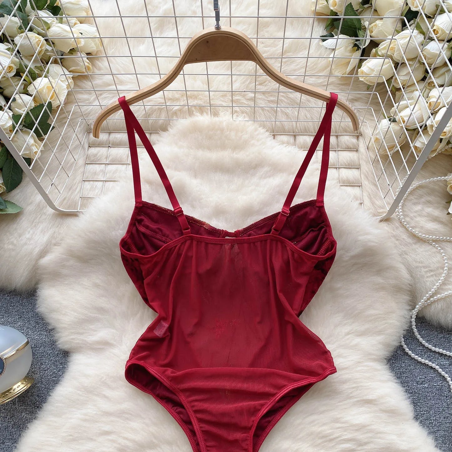 2023 Sheer  Sexy Bodysuit Splice Velvet Transparent Design Romper Fashion Embroidery Hollow Out Sensual Jumpsuit Wanita