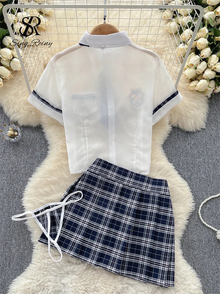 Trajes sexis transparentes de estilo pijo para mujer, Top + minifalda a cuadros + tangas, Cosplay coreano de moda, conjuntos de tres piezas Wanita