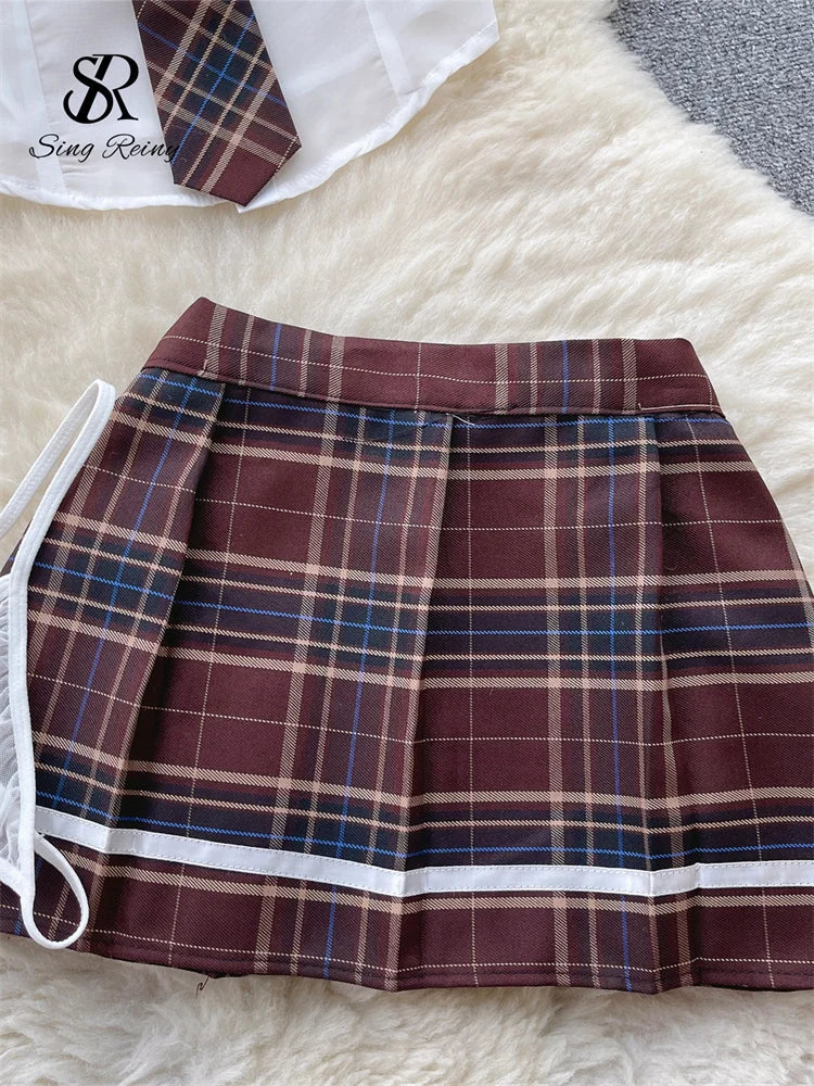 2023 Female Sheer Sensual Suits Transparent T Shirt+Plaid Mini Skirt+Thongs Preppy Style  Sexy Three Pieces Sets Wanita