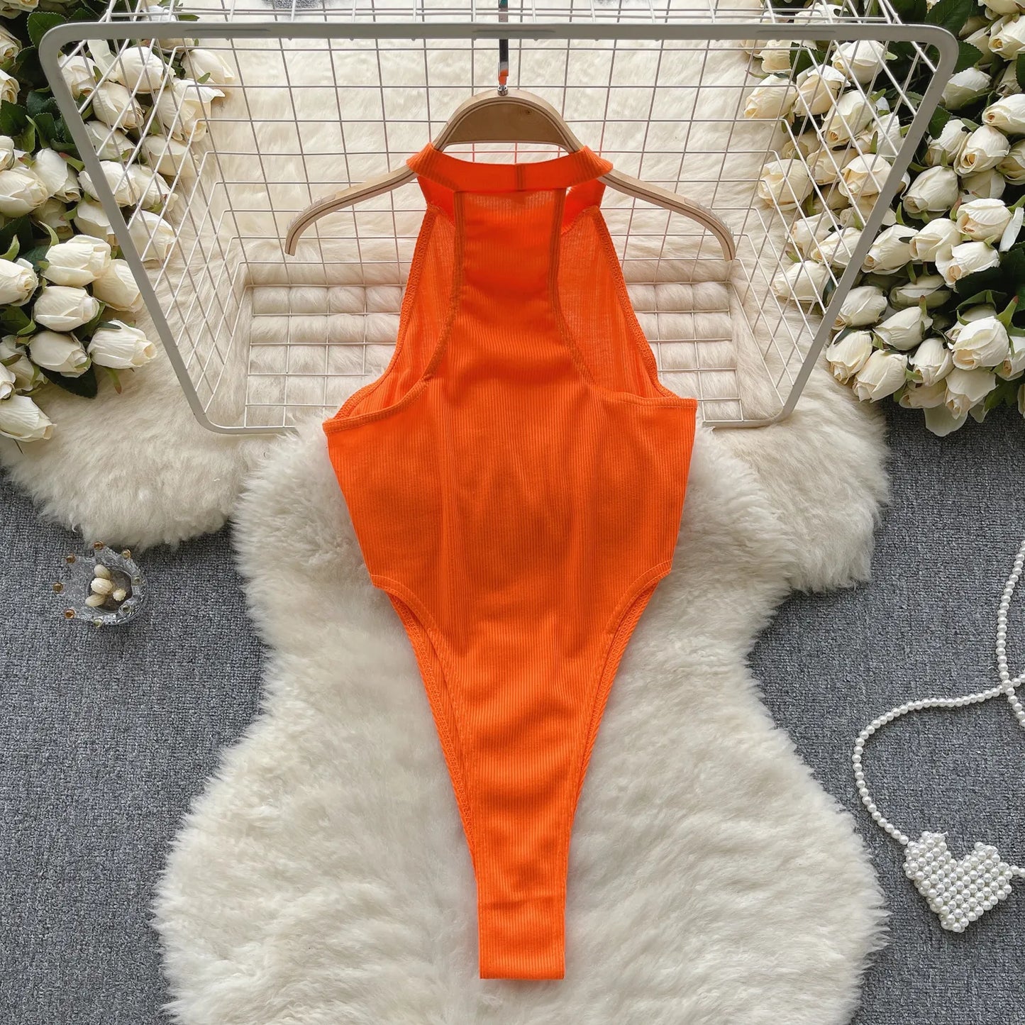 Wanita Halter Open Crotch Sexy Bodysuits Female Sleeveless Slim Backless  Bikini French Solid Thin Slim Beach Playsuits