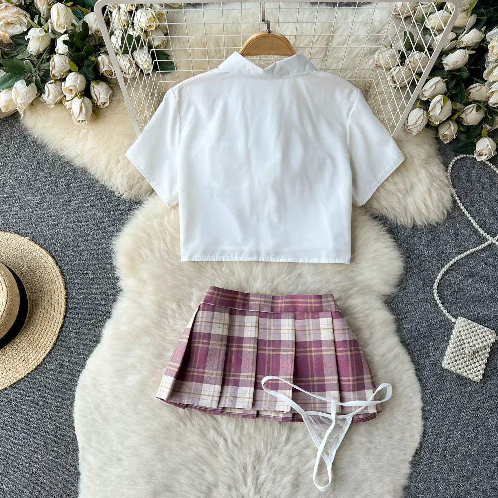 Traje de Cosplay para mujer, Camisa corta con cuello de solapa, minifalda a cuadros y tangas, ropa de dormir Sexy de estilo preppy 2023 Wanita