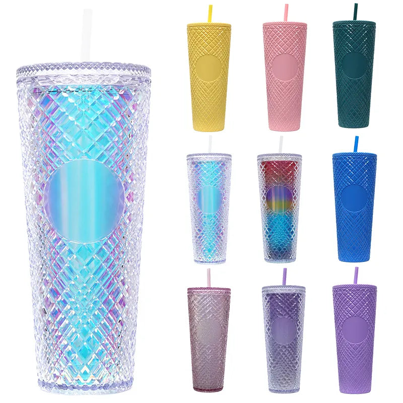 710ML Diamond Radiant coffee cup With Lid and Straw Water Mug Tumbler Cup Double Layer Plastic Coffee Mug Large Capacity