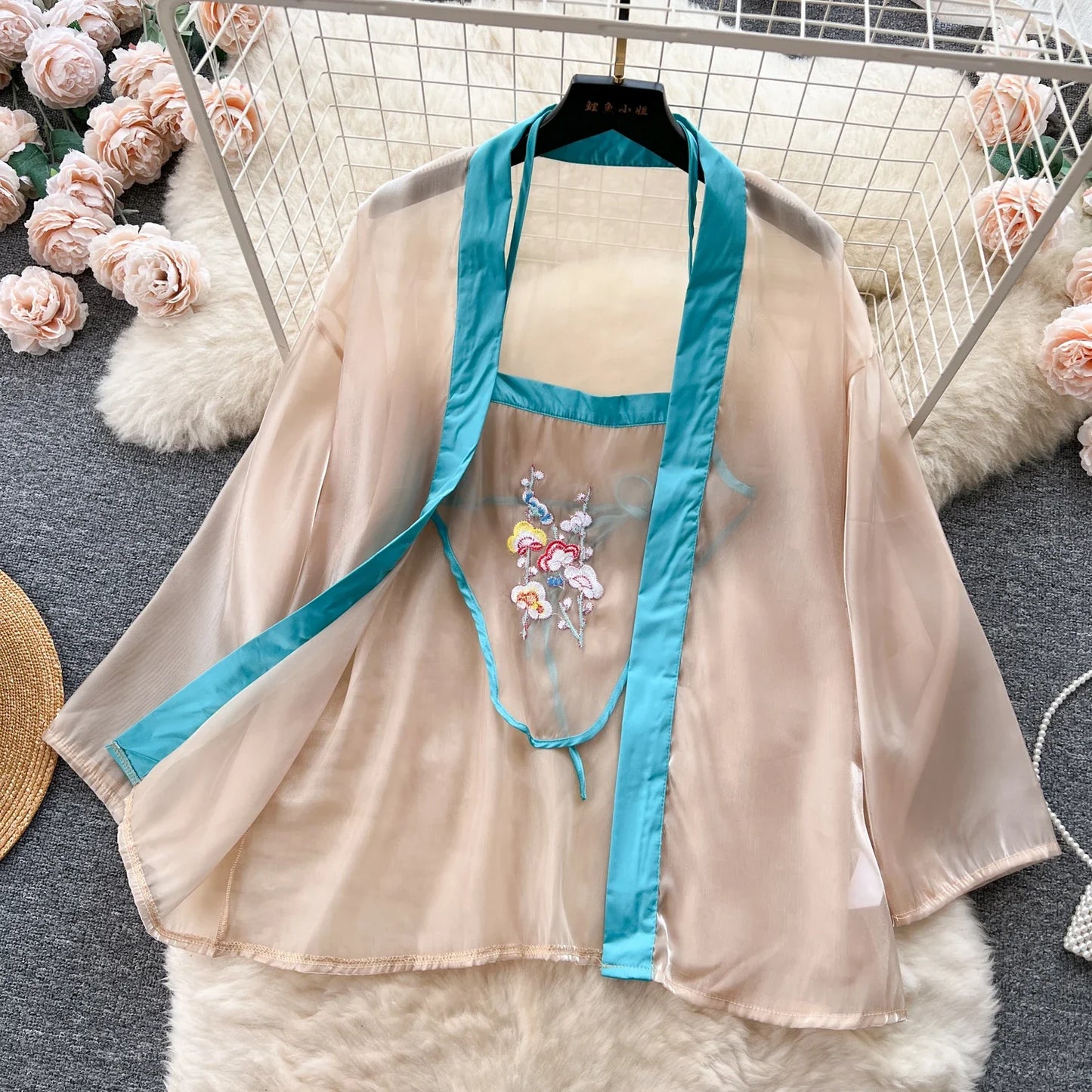 Vintage Embroidery Sexy Night Suits Female Loose Floral Camis+Mini Skirt+Thongs Chinese Style Cosplay Sheer Nightwear Wanita