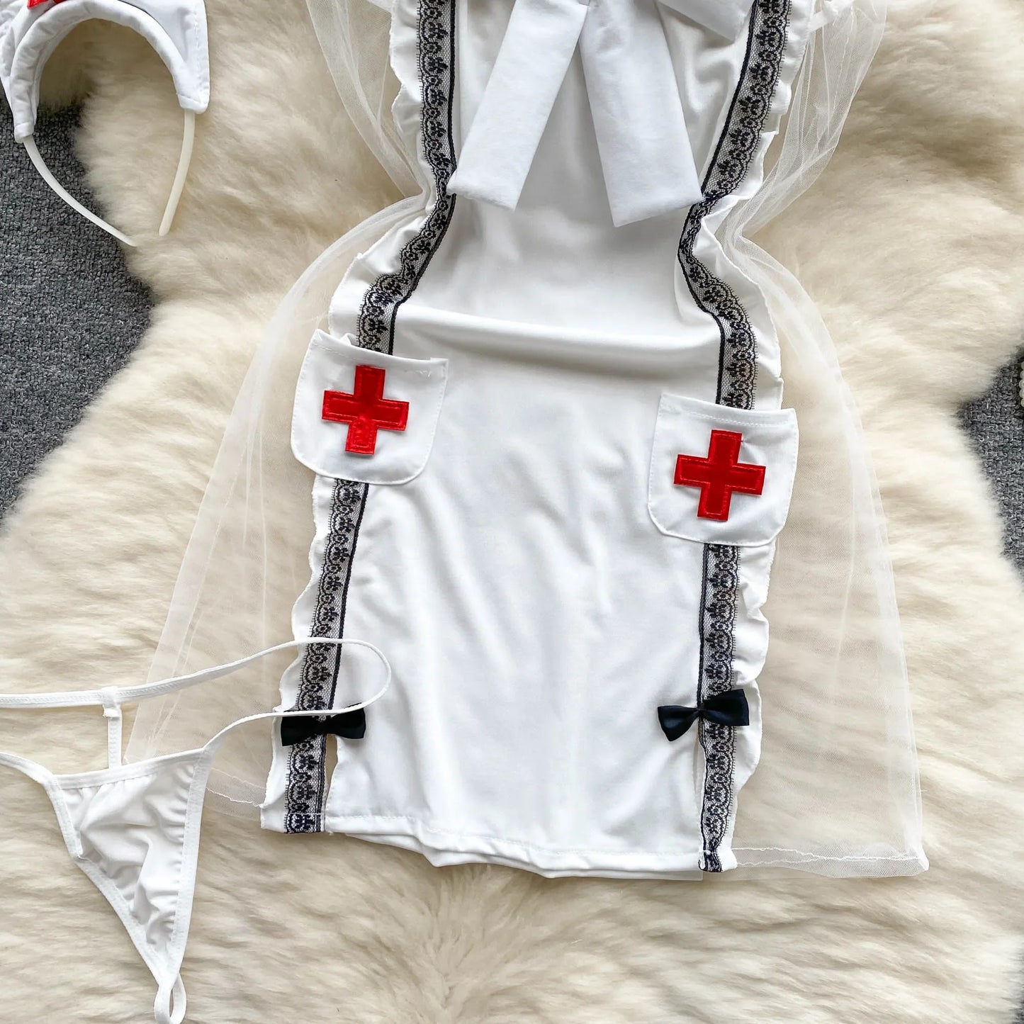 Japon infirmière Cosplay Sexy chemise de nuit femmes dentelle maille Patchwork robe moulante + tongs dos nu pure vêtements de nuit Wanita