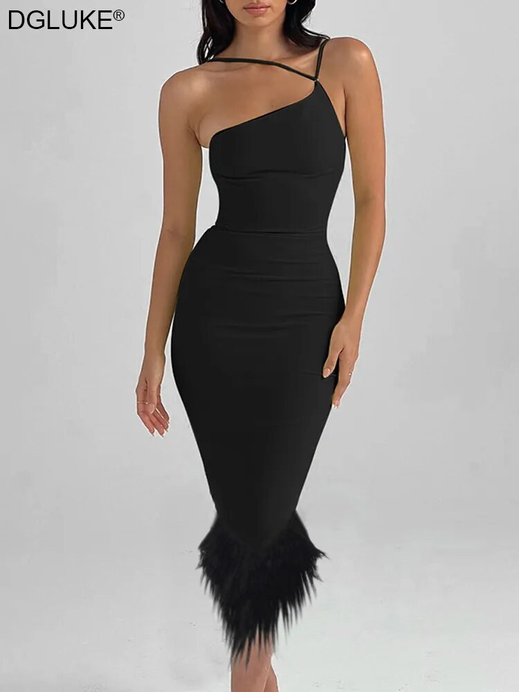 Robe de soirée asymétrique épaule dénudée pour femmes, tenue de fête d'anniversaire élégante, avec plumes, dos nu, moulante, mi-longue, noire, 2023