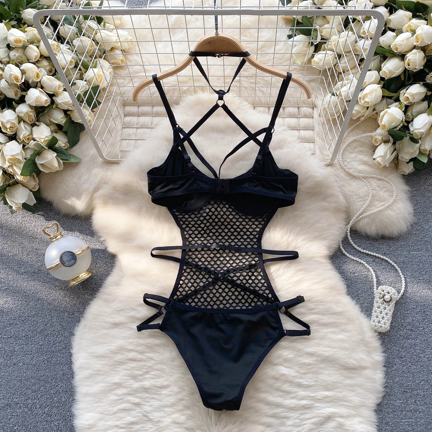 2023 Transparent Mesh Sexy Bodysuit Ladies Halter  Design Rompers Fashion Sheer Hollow Out Sensual Jumpsuits Wanita