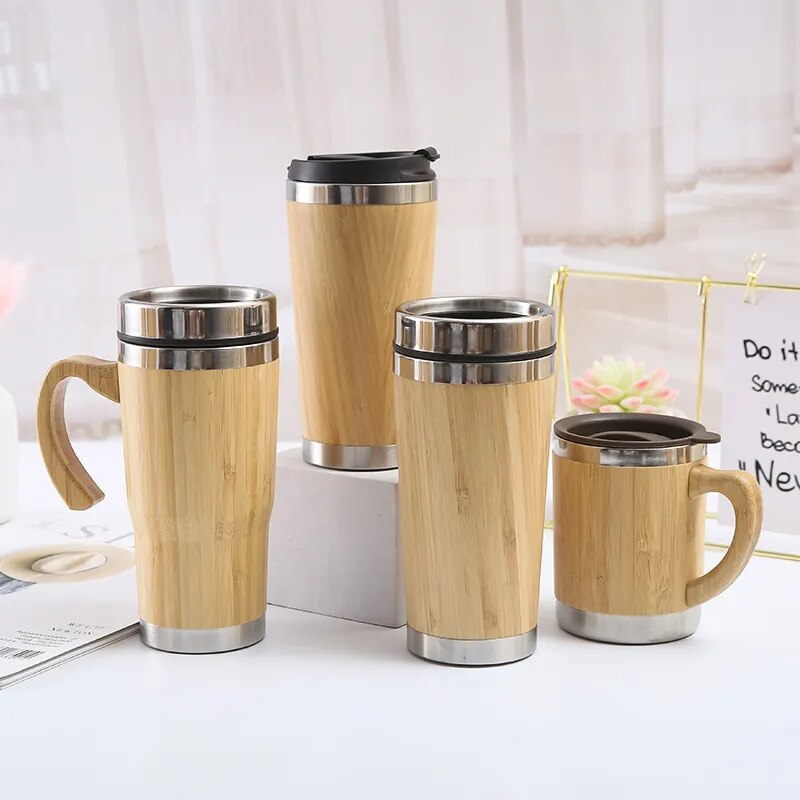 300ml-500ml Creative Bamboo Thermos Bottle Stainless Steel Water Bottles Vacuum Flask Portable Coffee Thermos Cup Customize Logo