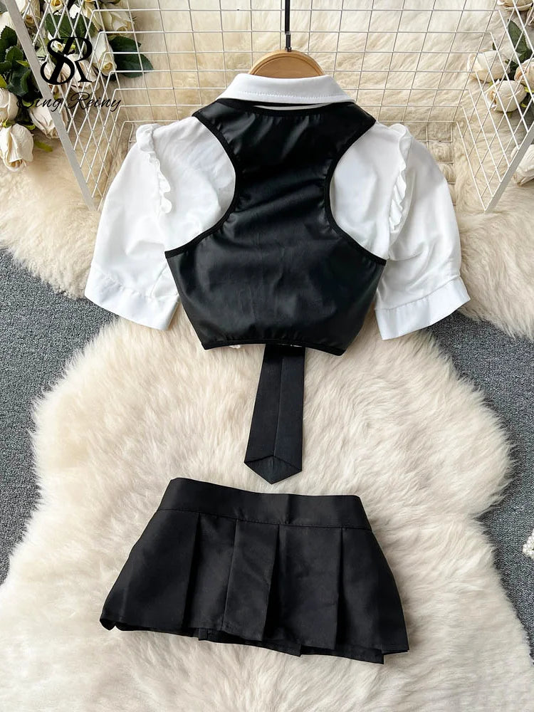 Women Hollow Out Sexy Two Pieces Suits Fashion Leather Vest+Mini Sensual Skirt+Thongs Japan Style   Outfit Wanita