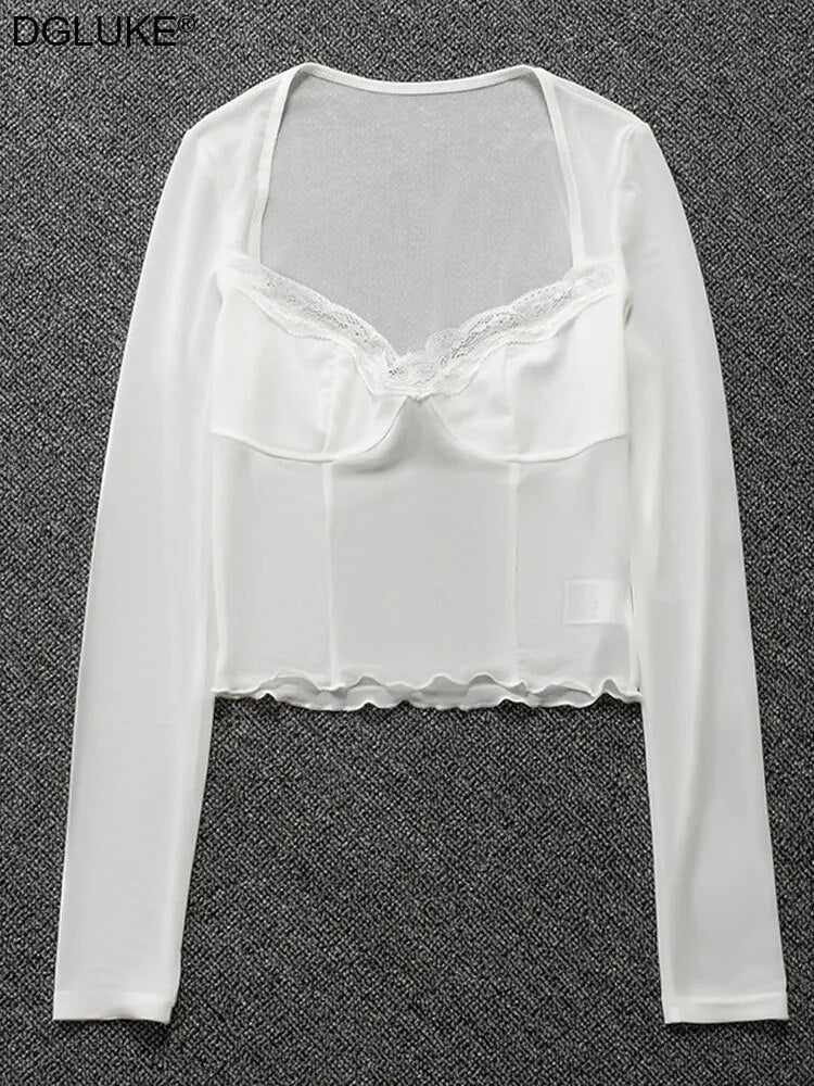 Maille transparente À Manches Longues Haut Court Femmes Col Carré Dentelle T-shirt Femmes D'été 2023 Sexy Soirée Hauts De Boîte De Nuit Blanc