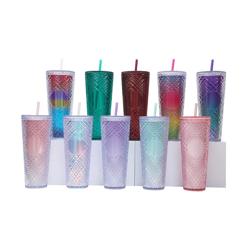 710ML Diamond Radiant coffee cup With Lid and Straw Water Mug Tumbler Cup Double Layer Plastic Coffee Mug Large Capacity