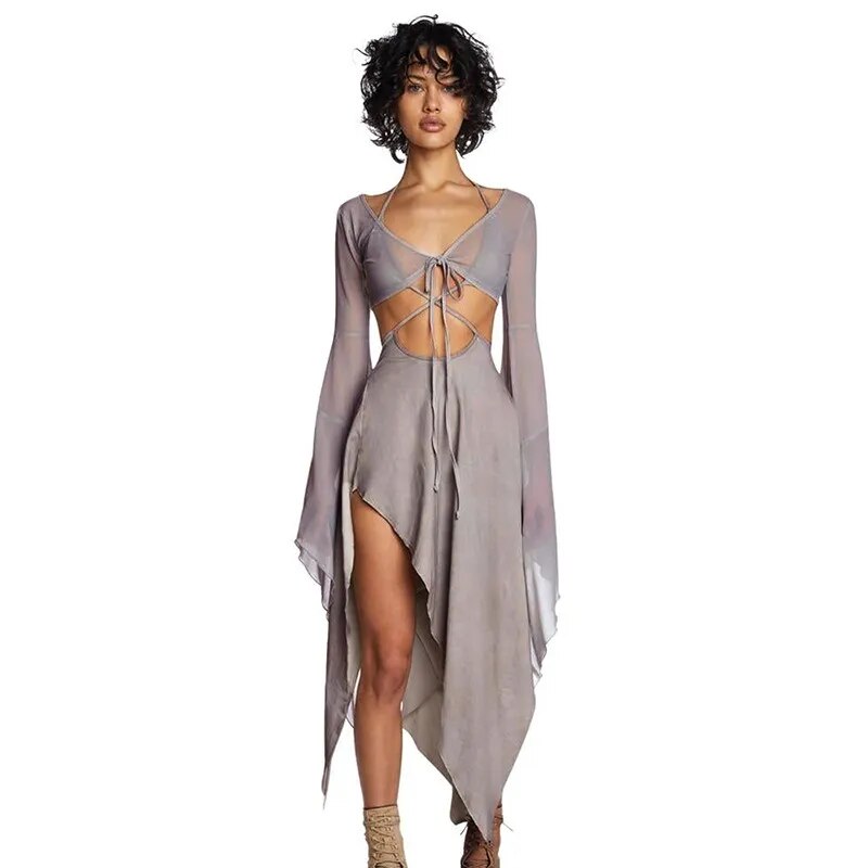 Ensemble deux pièces en maille unie pour femmes, haut Sexy à manches longues + jupe Midi asymétrique taille haute, Sexy, Club décontracté, Streetwear