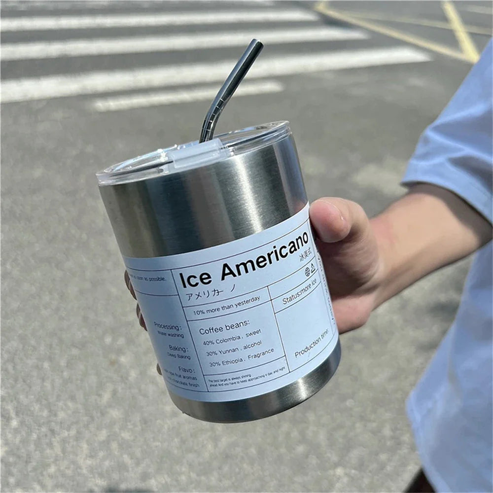 Coffee Cup Thermos 304 Stainless Steel Double -layer Cooler Straw Cup Portable Reusable Ins Ice American Coffee Mug Water Bottle