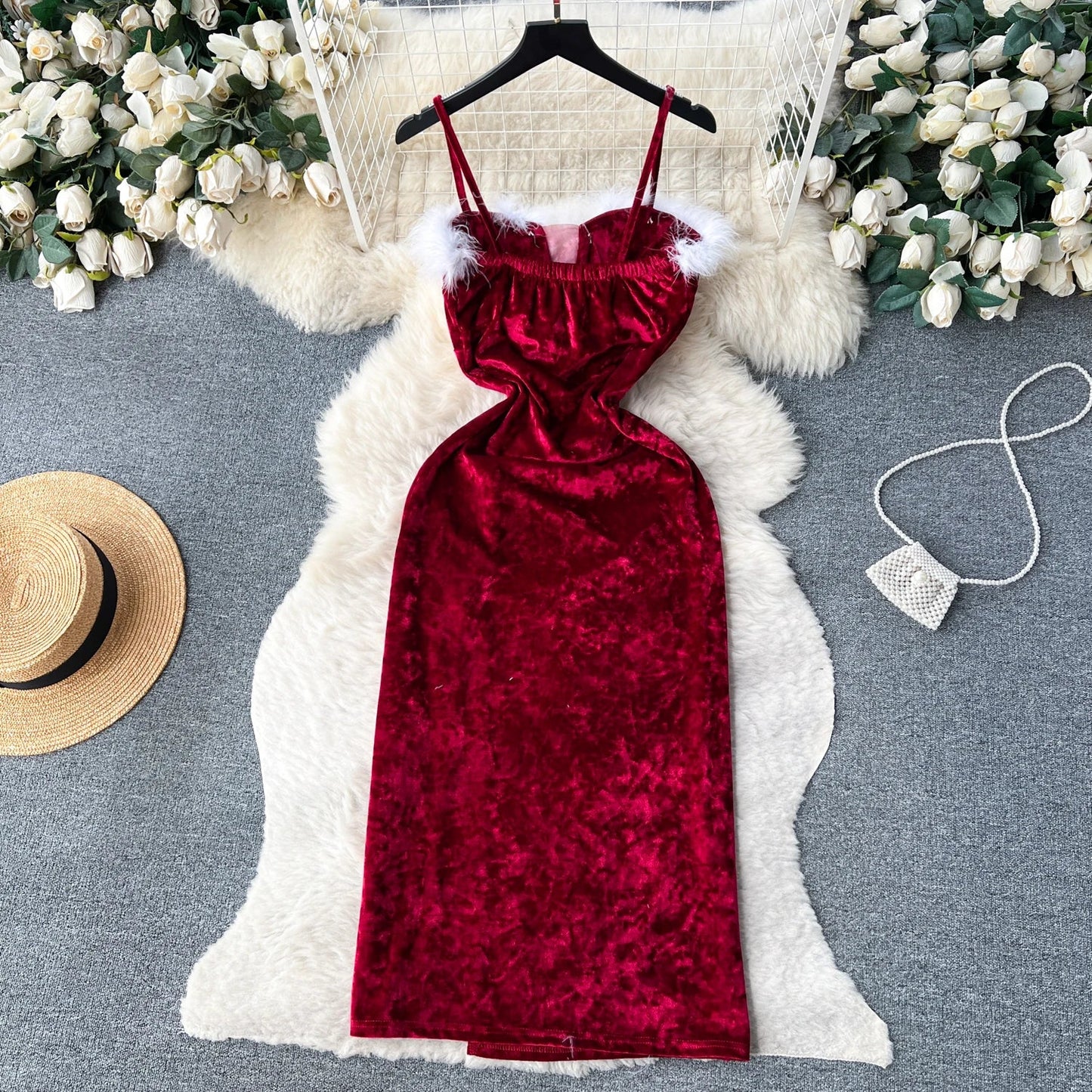 2023 Christmas Party Long Dress Strap Velvet Fluffy Off Shoulder Night Club Outfit Fashion Women Sexy Split Bodydress Wanita