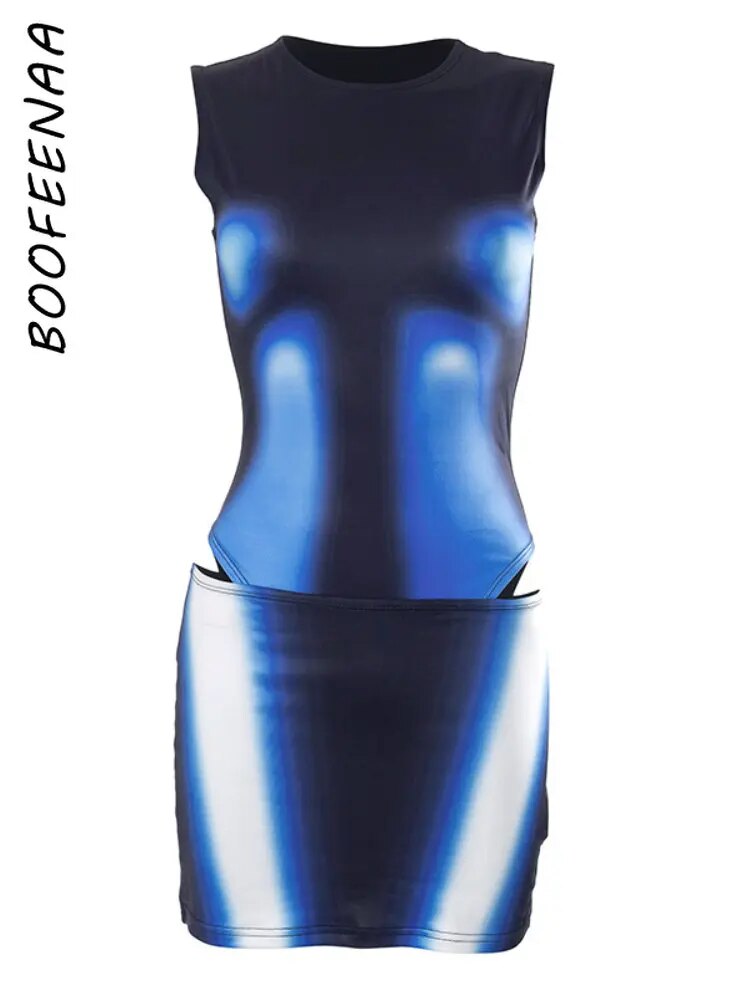 BOOFEENAA-Conjunto de 2 piezas con estampado de cuerpo en 3D, moda de verano para mujer, ropa de calle Y2k, mono Sexy Rave, conjunto de Top y falda C85-BG15