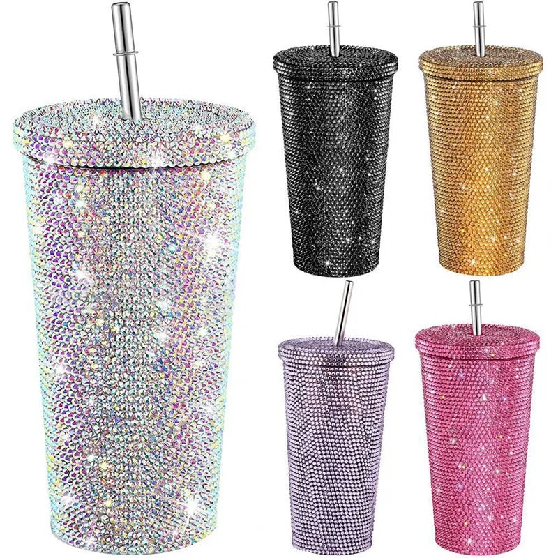 Botellas termo de diamante de 500ml, taza con pajita con tapa, termo de doble capa de acero inoxidable con diamantes de imitación, taza con purpurina, botella de agua