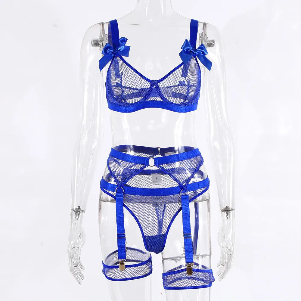 Lingerie Sexy néon avec chaussettes, sous-vêtements transparents en dentelle avec nœud papillon, maille transparente, ensembles transparents, 5 pièces