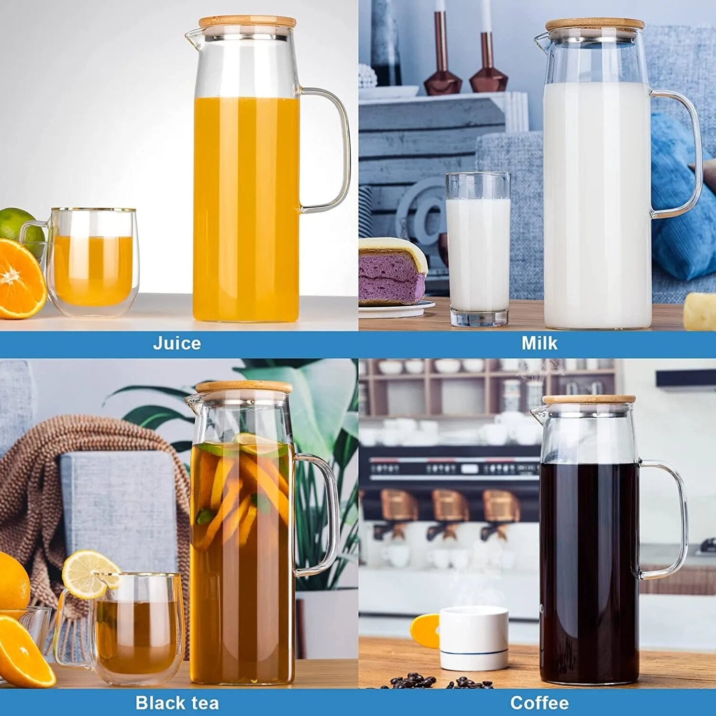 1.5L Glass Water Pitcher With Handle Bamboo Lid Heat Resisttant Cold Hot Kettle Large-capacity Tea Pitcher Water Juice Jug