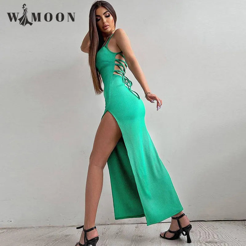 Sexy Black Long Bodycon High Split Dress Women Summer Sleeveless Blackless Halter Spaghetti Strap Dresses  Club Vestidos