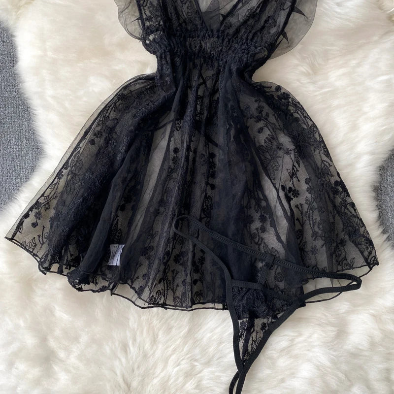 Women Strap Mesh Sensual Night dress Sleeveless Floral Embroidery Sheer  Dress+Thongs 2023 Hotsweet Lace Nightwear Wanita