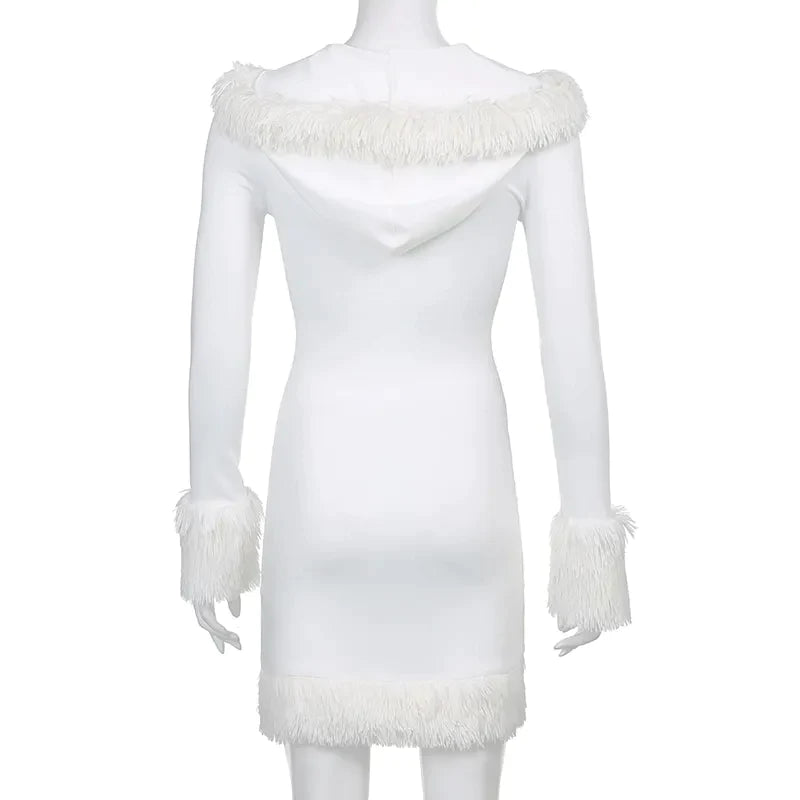 Kawaii – Mini robe moulante blanche en fourrure pour femme, manches longues, à capuche, tenue de soirée, Club, slim, Streetwear, hiver, automne