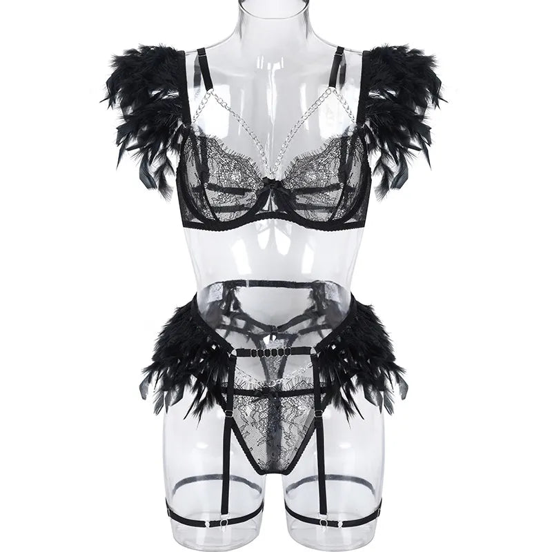 Transparent Women's Underwear Luxury Feather Decoration Metal Chain Lingerie Thong Suit Sexy Punk  Apparel