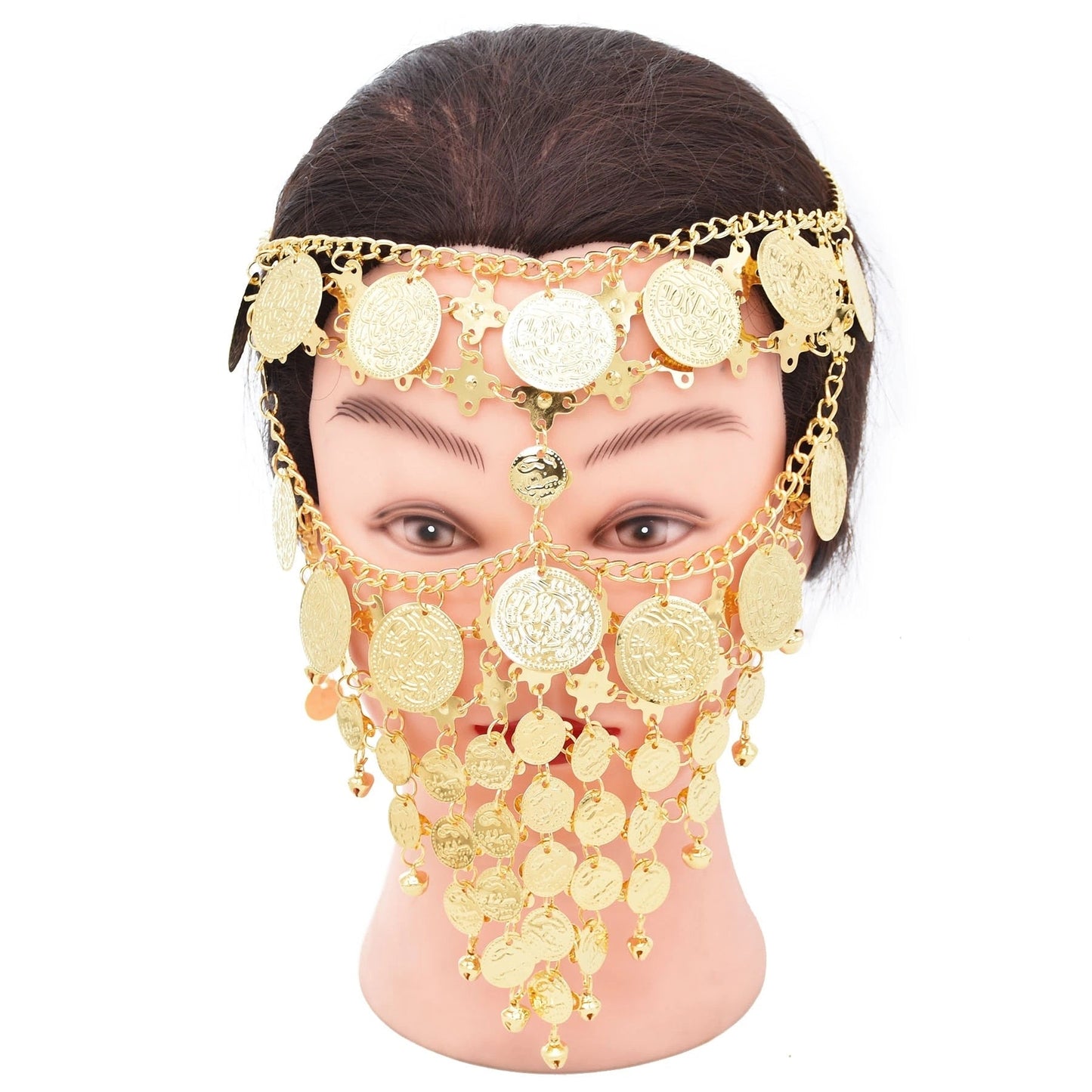 Masque de mascarade de luxe pour femmes, cloche de pièce de monnaie, voile, chaîne faciale, scène de danse du ventre, bandeaux de fête Cosplay, cadeau de cheveux de Festival Boho