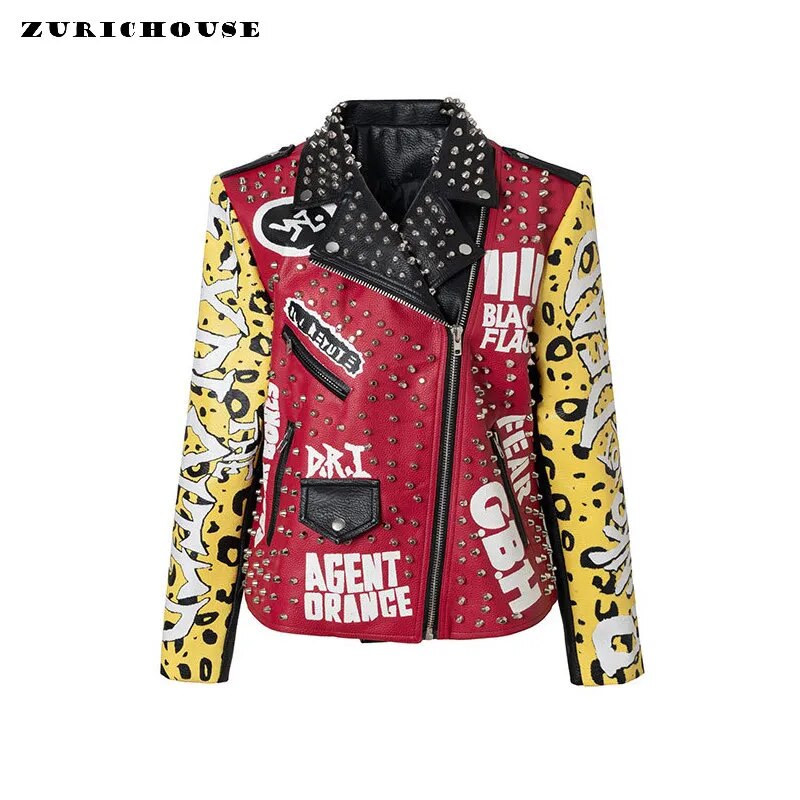 Veste en cuir imprimé graffiti pour femmes et hommes 2023 Punk Rivets Streetwear vestes de moto en faux cuir cousu contrasté