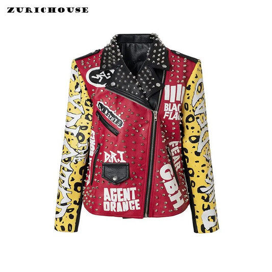 Graffiti Print Leather Jacket for Women's and Mens 2023 Punk Rivets Streetwear Contrast Stitched Faux Leather Motorcycle Jackets