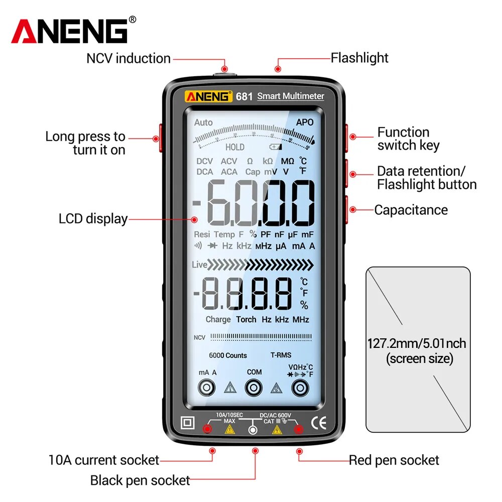 ANENG 681 multimètre numérique professionnel rechargeable testeur de tension sans contact compteur de tension AC/DC testeur de courant à écran LCD