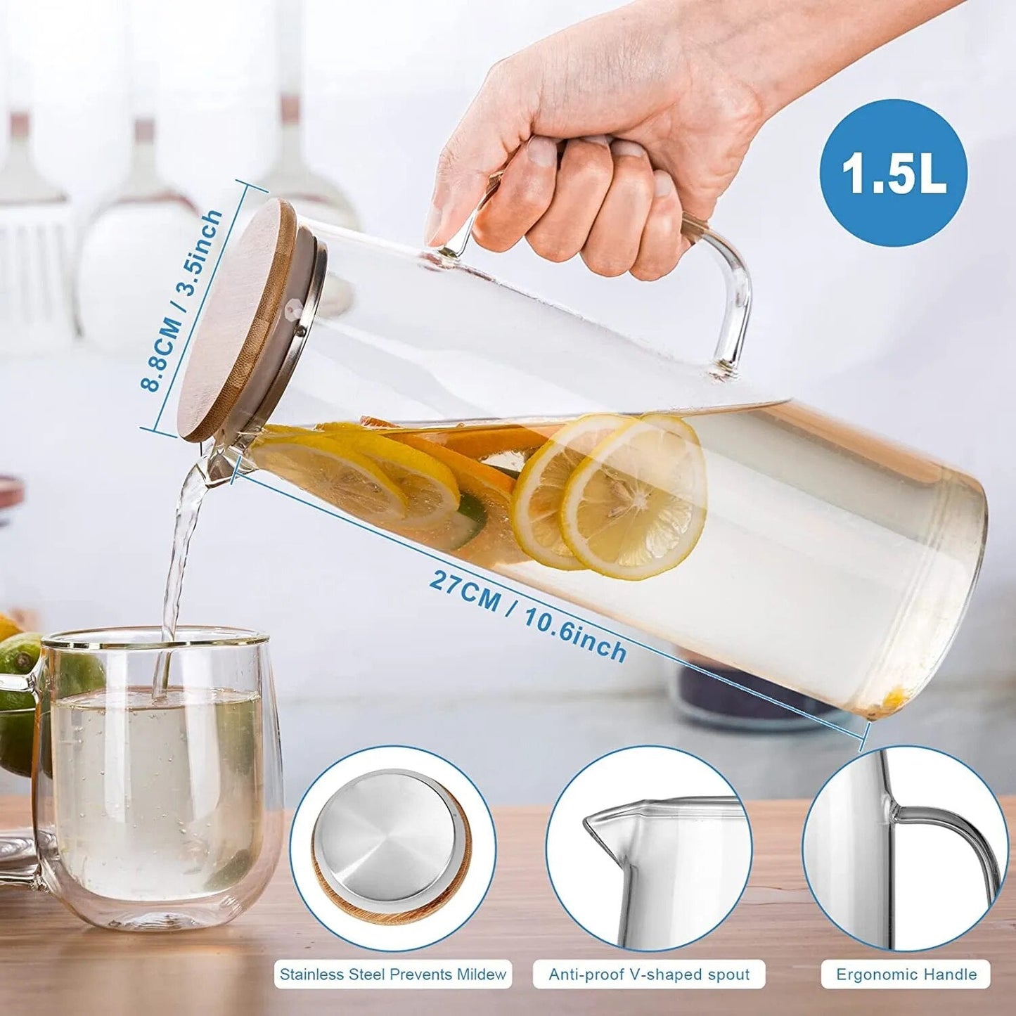 1.5L Glass Water Pitcher With Handle Bamboo Lid Heat Resisttant Cold Hot Kettle Large-capacity Tea Pitcher Water Juice Jug