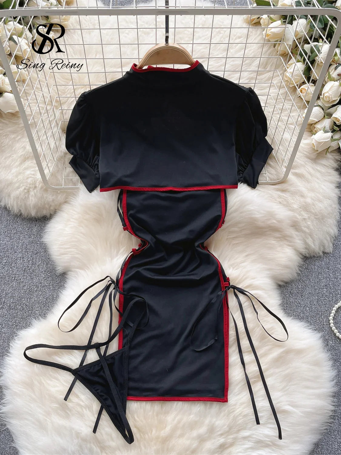 Cosplay Costume Sensual  Suits Kung Fu Girl Frog Lace Up Cross Design Dress+Thongs Hollow Out  Nightsuits Wanita